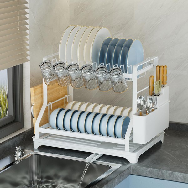2-Tier Dish Drying Rack, White Metal Large, Space Saving Countertop