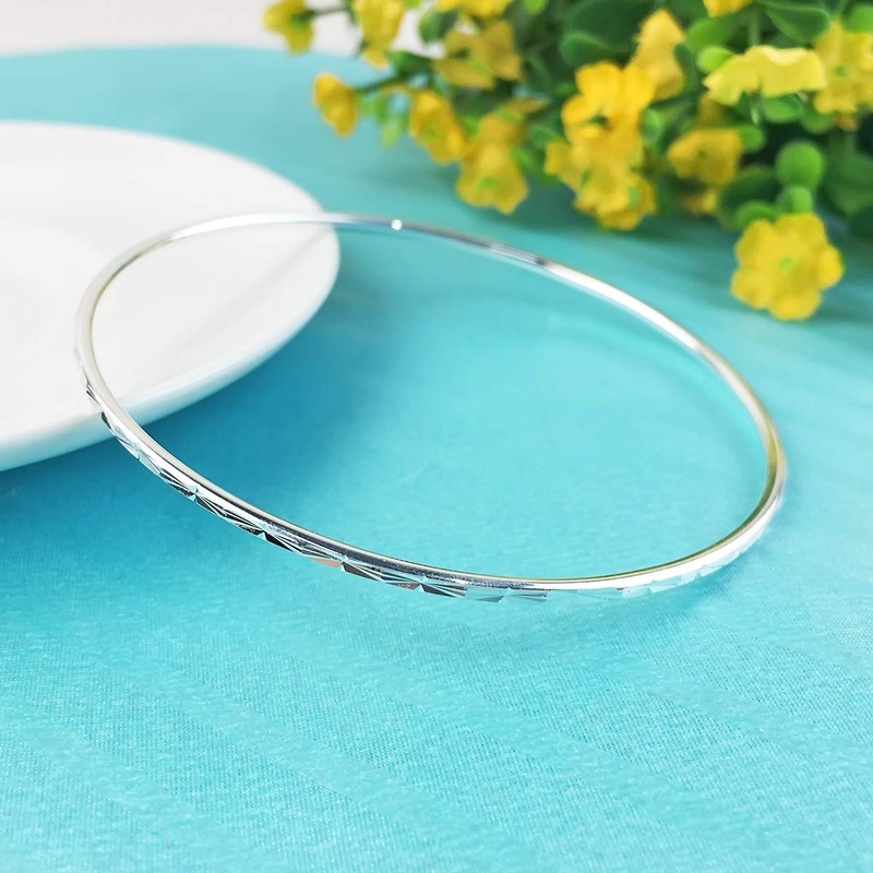 Mecool S925 Sterling Silver Bangle Bracelet with Simple Carved Flower
