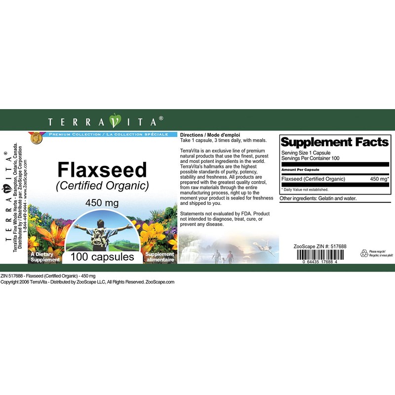 Flaxseed (Certified Organic) - 450 mg (100 Capsules, ZIN: 517688)