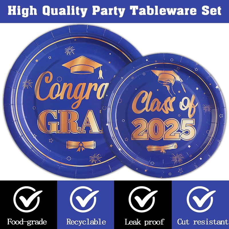 Cheery Land Blue Graduation Paper Plates and Napkins 2025 Graduation