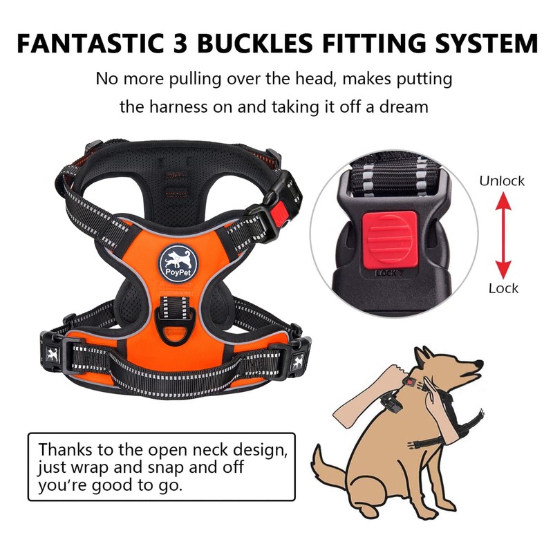 PoyPet No Pull Dog Harness with Neck Release Buckle, Reflective