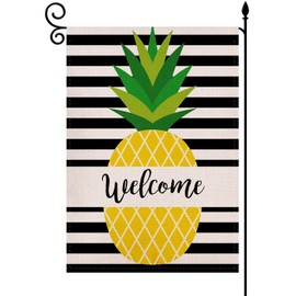 YaoChong Hello Summer Welcome Pineapple Stripes Garden Flag Vertical Outdoor Patio Farmhouse Seasonal Holiday Burlap Double Sided 12.5 X 18 Inch