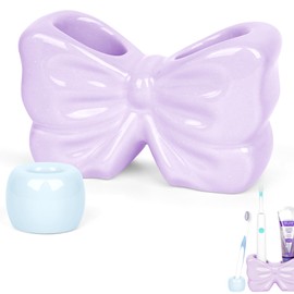 Biiange Bow Electric Toothbrush Holder, Ceramic Cute Toothpaste Holder, Bathroom Countertop Accessories for Toothpaste, Electric Toothbrush & Replacement Heads (Purple)