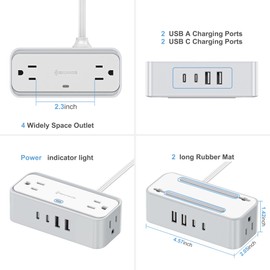 Surge Protector Power Strip, REALMADE 4 AC 4 UAB Power Strip, Flat Plug Outlet Extender, 5Ft Extension Cord, Wall Mount Desk Charging for Home Office， White & Gray