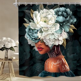 MESHELLY Black Girl Flower Shower Curtain 60Wx72H African American Navy Blue White Peony Floral Bathroom Curtain Inspirational Quotes Bath Curtain Black Woman Teal Bathroom Decor Fabric with 12 Hooks