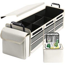 Car Trunk Organizer with Insulated Leakproof Cooler Bag, 4 in 1 Waterproof Portable Car Storage Organizer with Collapsible Cover, 3 Large Compartments, Trunk Organizer for SUV, Car, Truck (Beige)