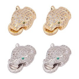 arricraft 4 Sets Leopard Head Fold Over Clasps, 19mm Micro Pave Cubic Zirconia Foldover Extension Clasp Brass Rhinestone Necklace Bracelet Extender for Jewelry Making (Platinum, Golden)