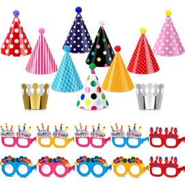 TaoBary 21 Pcs Kids Birthday Party Hats Set 10 Happy Birthday Glasses Paper Party Eyeglasses Frames Paper Party Hats Cone with Pom Poms for Birthday Party Decorations Supplies Photo Props