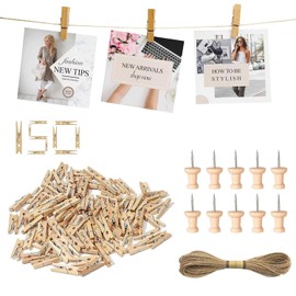 Jogoico Mini Wooden Pegs 150PCS Small Photo Pegs 2.5cm Mini Pegs Card Pegs Picture Pegs Tiny Wooden Pegs with 10M Jute String & 10 Pins, Small Wooden Pegs for Photo Wall Display Craft Weddings Party