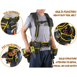 OKF 6-Piece Tool Belt with Suspenders,Magnetic Phone Holder and Hand Drill Tool Pouch Tool Rig for Framers Electrician 1680D Polyester Fabric,20 pockets,Black & Yellow,36-49In,5.5lb