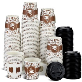 Teenyyou 100 Set 4 oz Disposable Espresso Cups Bulk with Lids Wide Handles Printed Paper Disposable Coffee Cups for Hot Chocolate, Tea, Cocoa