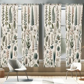 Ambesonne Neutral Window Curtains Pack of 2, Exotic Botanical Illustration of Leaves Pastel Tones Ferns and Palms, Lightweight Set & Rod Pocket, 4 Panels of - 28" x 63", Pale Reseda Green Coconut