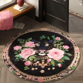 Vowkten Round Rug 4ft Washable Circle Rug Non Slip Low Pile Retro Lavish Leopard Animal Small Circular Rug for Bedroom, Bathroom, Entryway, Kids Room, Office, College Dorm (Black Pink)
