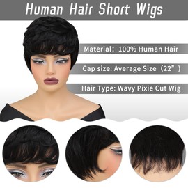 INSTASTYLE Pixie Cut Wig Human Hair Wigs for Black Women Short Black Curly Wig with Bangs Natural Wavy Layered Wig None Lace Glueless Wig Put On and Go Pixie Wig,Natural Black Color