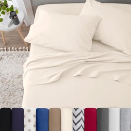 4 Piece Queen Bed Sheets Set | Queen Bed Sheets – Light Weight, Soft Breathable Sheets | Brushed Cotton Rich Blend | Secure-Fit, Wrinkle Resistant, Durable, Easy Care Bed Sheets | Comfy Sheets | Ivory