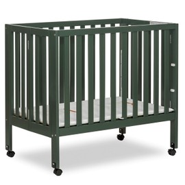 Dream On Me Jett Mini Folding Baby Crib in Olive, GreenGuard Gold & JPMA, Lightweight & Portable, Patented Flat Folding System for Small Spaces & Travel, 1.5” Mattress Pad, 3 Heights, Safe Wheels