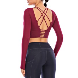 ECUPPER Women Long Sleeve Workout Tops Backless Yoga Gym Shirts Athletic Crop Top with Built in Bra for Fitness Sports Activewear Wine Red