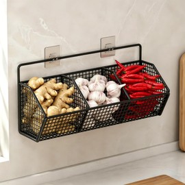 XGVIEGZ Hanging Wire Fruit Basket with Adhesive Hooks, Hanging Fruit Baskets for Kitchen Counter, Wall Basket for Kitchen Bathroom Pantry, Space Saving Hanging Kitchen Baskets for Wall Mount Storage