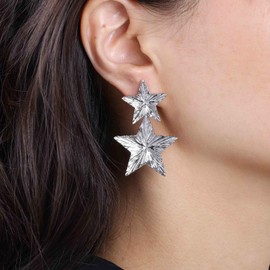 Allereya Vintage Silver Hammered Star Earrings Double Textured Star Stud Earrings Matter Star Drop Earrings Big Star Dangle Earrings Jewelry for Women and Girls