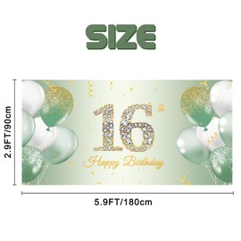 Roetyce Sage Green 16th Birthday Banner, Sweet 16 Party Decorations for Girls, Happy 16th Birthday Background, 16 Years Old Party Supplies