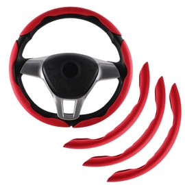 Amiss Car Nappa Leather Steering Wheel Cover, Car Interior Accessories, 3PCS Segmented Steering Wheel Protector, Universal 99% Car Wheel Cover Protector (Red)