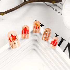 Fall Press on Nails Medium Square Fake Nails Maple Leaf False Nails with Wood Grain Lines Design Thanksgiving Acrylic Nails Full Cover Glue on Nails for Women Autumn Manicure 24 Pcs