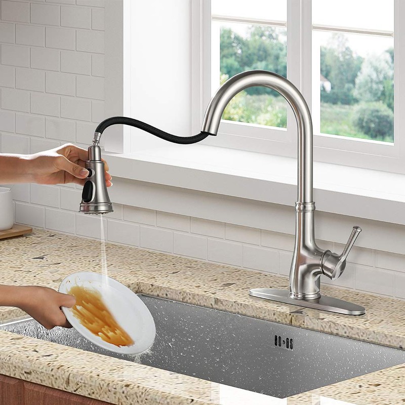 Kitchen Faucet-WEWE Single Handle Stainless Steel Brushed Nickel Pull Down