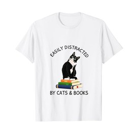 Easily Distracted By Cats And Books, Cat On A Pile Of Books T-Shirt for Men Women Kids