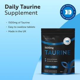 Nutravita Taurine Supplement 1500mg - 180 High Strength Taurine Tablets - Vegan Amino Acids Taurine Nutritional Supplements - Powder Alternative - Sports Supplement for Men & Women - Made in The UK