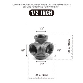AGUTEA Right Angle Black Malleable Iron Tee Fitting 4-Way Side Exit Elbow Connector (1-Pack) (1/2 INCH)