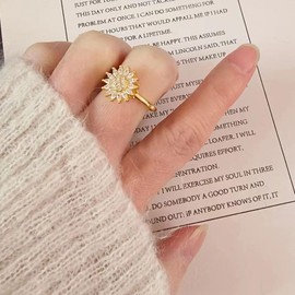 Lyfange Sunflower Ring Spinning Fidget Rings for Anxiety Open Adjustable Spinner Sun Ring Creative Relieving Stress Rotating Jewelry, Brass, No Gemstone