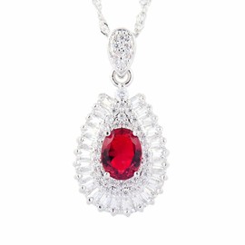 RIZILIA Pendant with 45cm(18") Chain & Oval Cut Gemstones CZ [Red Ruby] in 18K White Gold Plated, Simple Modern Elegance
