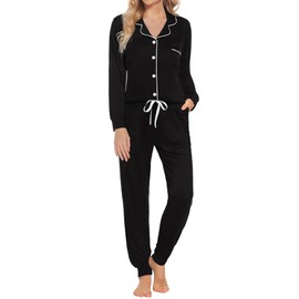SWOMOG Women Pajamas Set Long Sleeve Sleepwear Womens Button Down Nightwear Soft PJs Loungewear Sets with Pockets Black