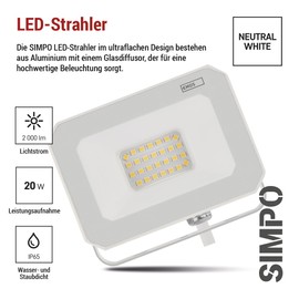 EMOS SIMPO LED Spotlight 20 W, IP65 Waterproof Floodlight for Wet Room or Outdoor, Super Bright 2000 Lumens, Neutral White 4000 K, Lifespan 15,000 Hours, Includes 15 cm Connection Cable, White