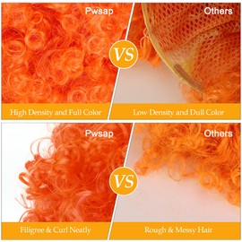 Adults Curly Afro Wig, Short Clown Disco Party Wigs Colorful 70s 80s 90s Party Clown Wigs Fancy Dress Accessory Cosplay Wig Hairpieces for Women and Men with Red Foam Clown Noses, Orange