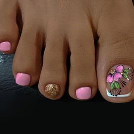 Press on Toenails Coffin with Floral Bud Designs, Full Cover Reusable False Toenails with Glue, Artificial Acrylic Fake Nails for Toe, Glue on Toenails with Charm, Stick on Toe Nails for Women