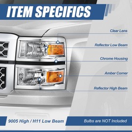 Auto Dynasty Headlights Assembly Compatible with 2014 2015 Chevy Silverado 1500, Driver and Passenger Side Halogen Headlamps Replacement, OE Style GM2502280 GM2503280, Chrome Housing Amber Corner