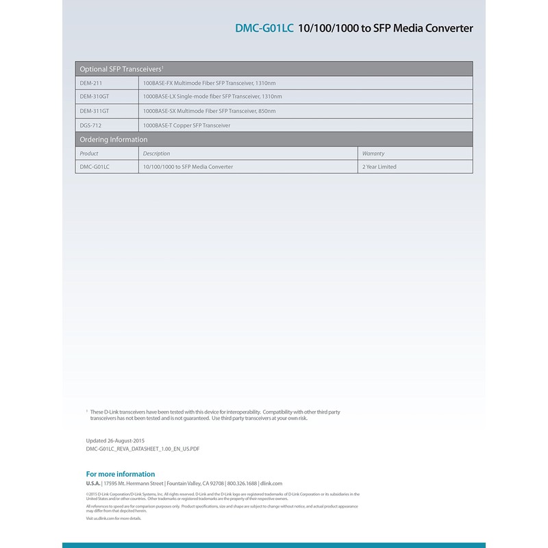 D-Link DMC-G01LC 10/100/1000 to SFP Media Converter