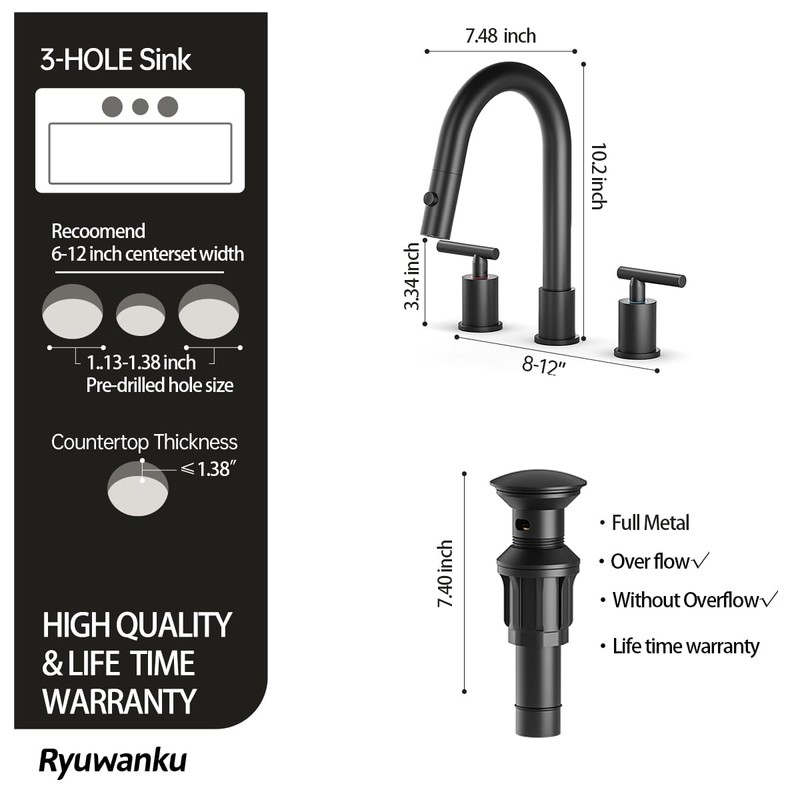 Ryuwanku Matte Black Pull Down Bathroom Faucet with Pop-up Drain,