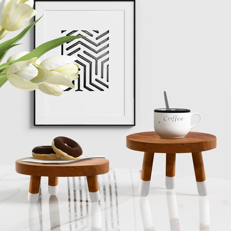 JOLLYMER 9” Round Dip Dyed Teak Plant Stand |Wood Risers