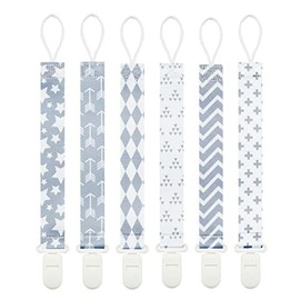 Clips para chupetes Babeine en gris neutro (paquete de 6) para chupetes, mordedores y chupetes (flecha)