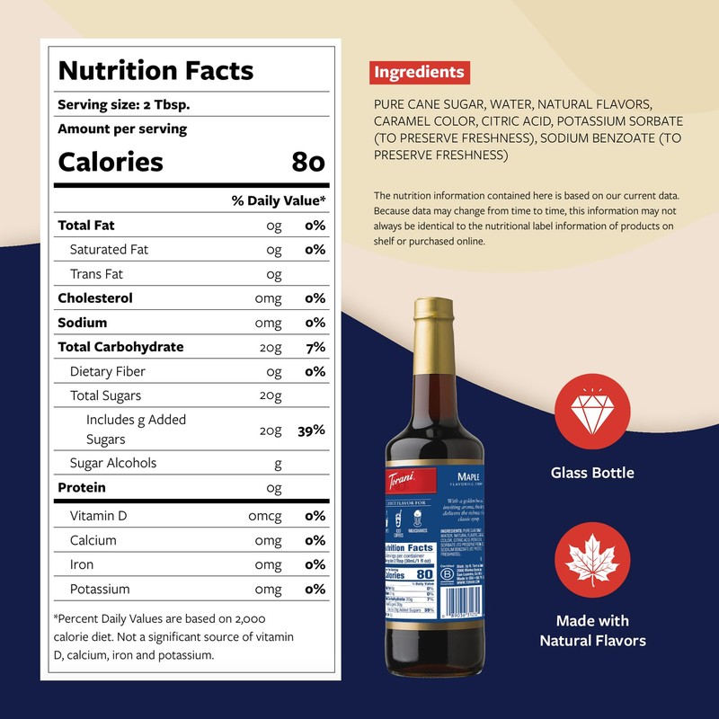 Torani Coffee Syrup, Maple Flavoring for Drinks, Glass Bottle with