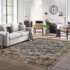 GarveeHome Area Rug 9x12 Washable Living Room Rug Vintage Indoor Large Floor Cover Retro Accent Mat Distressed Floral Non Slip Thin Carpet for Bedroom Kitchen Dining Room Office (Blue/Brown)