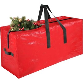 Christmas Tree Storage Bag – Fits Artificial Trees up to 9 Feet – Heavy-Duty Waterproof Plastic – Reinforced Handles – Easy Identification Card Slot – Red