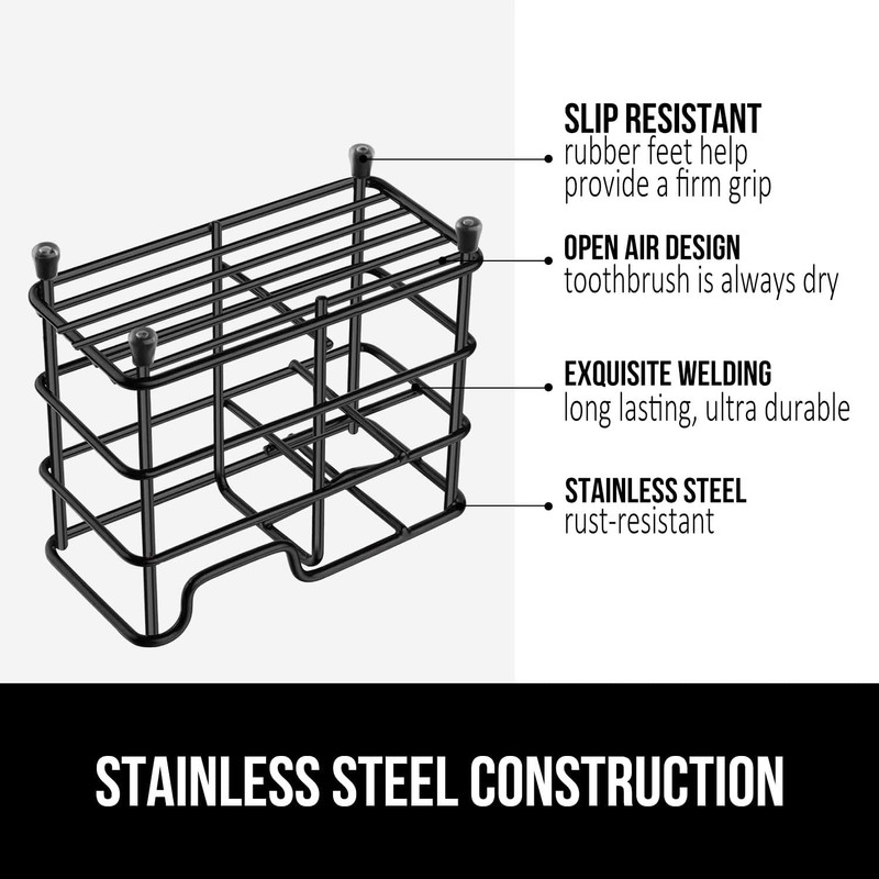 Stainless Steel Toothbrush Holder, Black Metal Bathroom Organizer, Compact Size