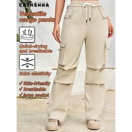 CATHSNNA Womens Cargo Pants Wide Leg Baggy Y2k Parachute Pants Lightweight Quick Dry Moisture Wicking Hiking Pants Beige