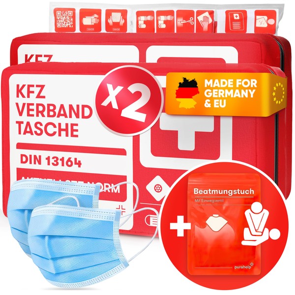 PURAHELP 2 x Car First Aid Bag According to Current Standard 2024 DIN 13164 (German Road Traffic Regulations Compliant) - Includes Ventilation Cloth - First Aid Kit Car 2024