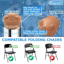 Gluposti 8 Folding Chair V-Tip Stabilizer Caps, Stabilizer Plug Top Covers for Padded & Metal Folding Chair Replacement Parts, V-Tip Caps for Top of Legs, Fits 7/8" OD 3/4" ID Legs (8 Plugs, Beige)