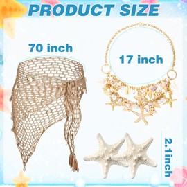 4Pcs Summer Beach Mermaid Accessories, Womens Mermaid Swimsuit, Includes Beach Crochet Skirt Shell Necklace Hair Clips Suitable for Theme Parties Vacations