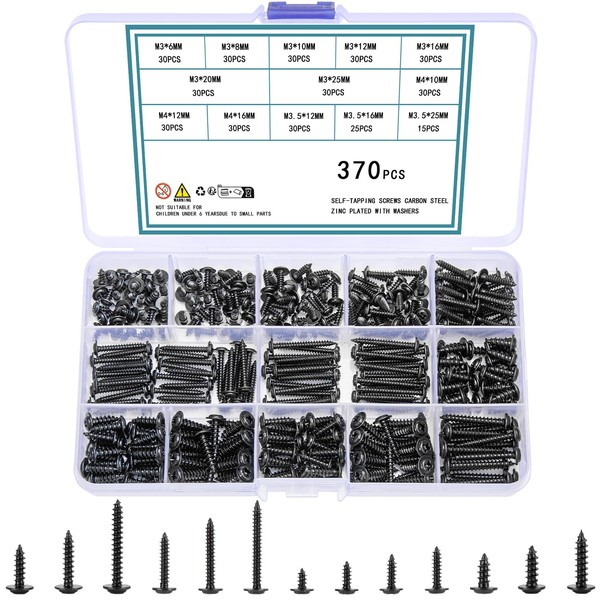 QOOSIKICC 370 Pieces Self Tapping Screws Assortment Set, Phillips Flat